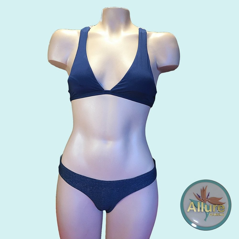 L*SPACE Bikini - Navy with Denim-look bottom and Macrame T-Back